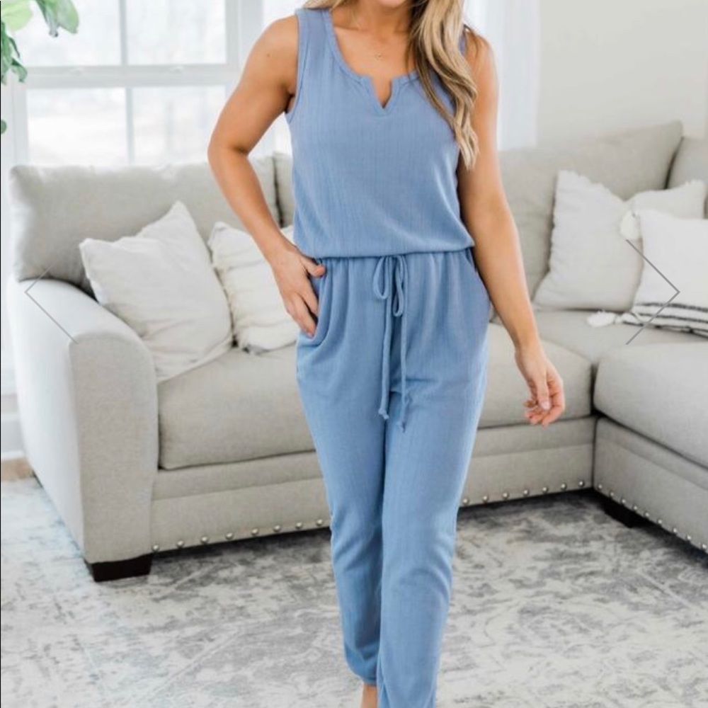 Pink Lily “Don’t You Know Me” Dusty Blue Jumpsuit